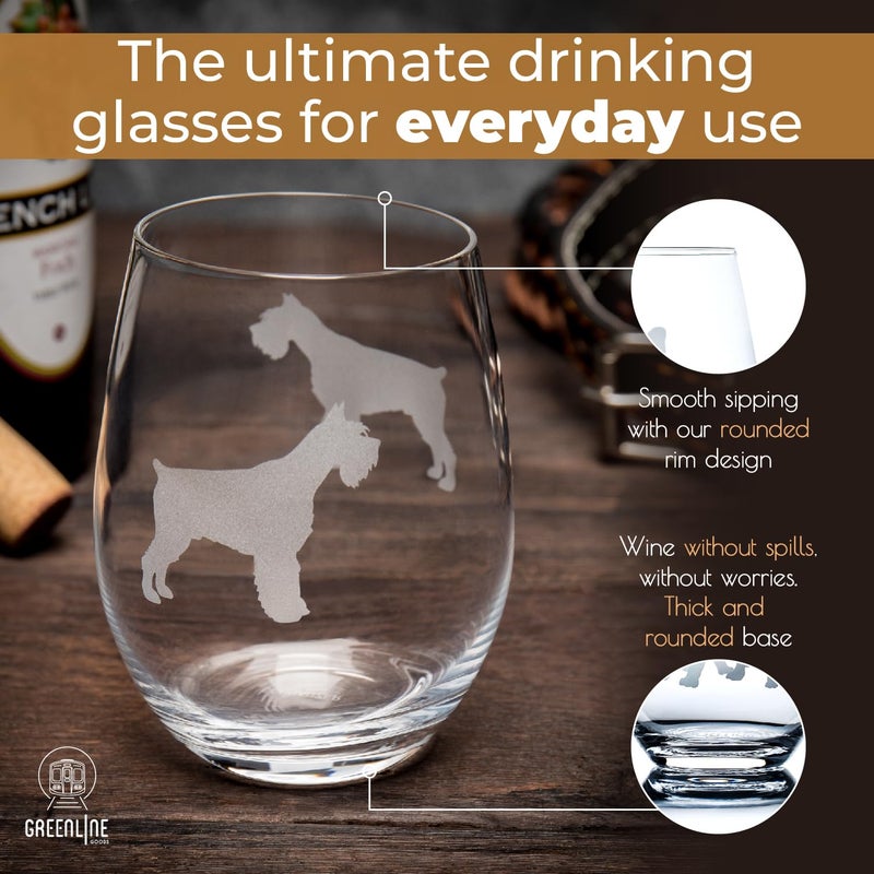 GreenLine Goods Schnauzer Stemless Wine Glasses (Set of 2) | Unique Gift for Dog Lovers | Hand Etched with Breed Name on Bottom - Image 4